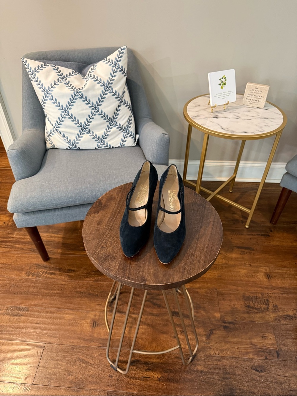 Salvatore Ferragamo Navy Suede Mary Jane Pumps